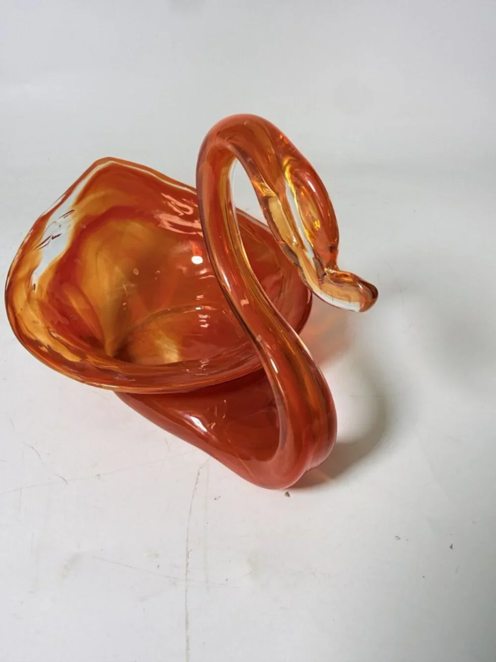 Vase Bowl Swan Vintage Sooner Glass Opalescent Orange Hand-Blown MCM Art Home De